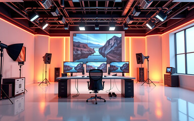 Professional Photography Studio With Multiple Screens And Digital Workflow Station Setup