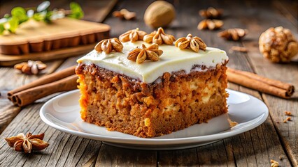 A Single Slice of Frosted Cake Decorated with Star Anise on a White Plate on a Wooden Table