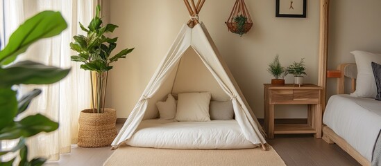 Cozy children s recreation area featuring a soft pillow filled wigwam eco friendly wooden nightstand and decorative plastic plants for a playful atmosphere