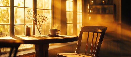 Cozy cafe setting with an empty wooden table and chair inviting atmosphere for relaxation