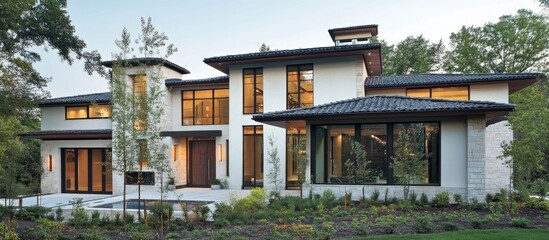 Fototapeta premium Contemporary architectural facade featuring sleek lines and large windows showcasing modern design in an Italian setting