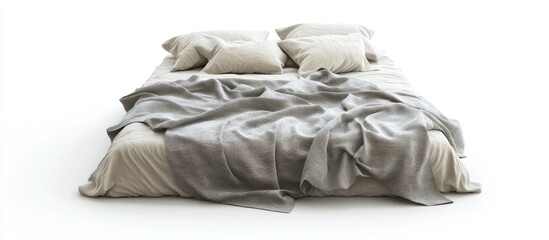 Obraz premium Comfortable bed with cozy bedding set against a clean white backdrop ideal for interior design inspiration