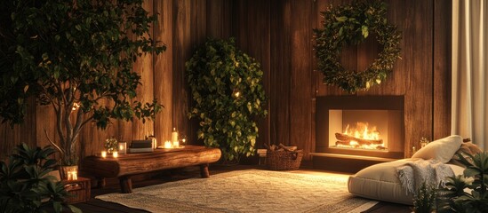 Cozy interior featuring a wooden accent wall a lush tree and a warm fireplace perfect for relaxation and tranquility