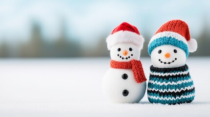 Festive Snowmen Celebrating Christmas Winter Wonderland Decorative Figures Outdoor Scene Close-up Cheerful Holiday Spirit