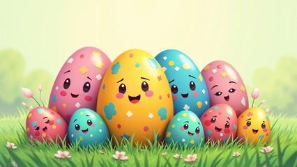 Fototapeta premium Festive and cheerful colorful eggs happily gathered on a sunny spring day in a lush green meadow filled with delicate flowers and bright sunshine