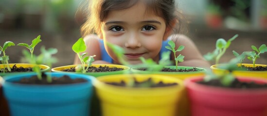 Child nurturing vibrant seedlings in colorful pots at home garden promoting eco friendly practices