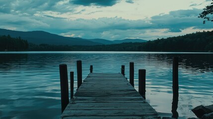 Calm Evening at Lake Dock with Surrounding Mountains