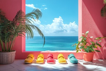 Obraz premium Colorful sandals by a seaside window.