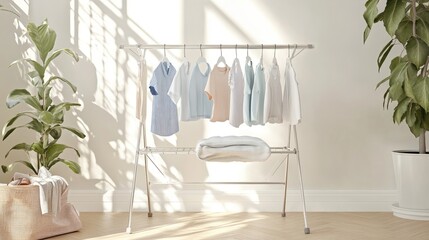 Bright and Airy Laundry Room with Freshly Washed Clothes Hanging on Rack Next to Lush Indoor Plant and Natural Light Streaming Through the Windows