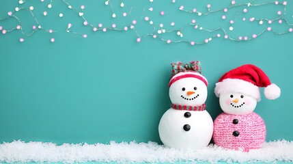 Fototapeta premium Christmas Snowmen Decorated with Teal Background Home Interior Festive Display Cozy Environment Cheerful Viewpoint Holiday Spirit