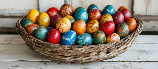 Colorful painted eggs in a large basket on a white wooden table festive home decor for holiday celebrations