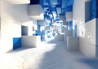 Abstract Blue and White Cubical Architectural Corridor