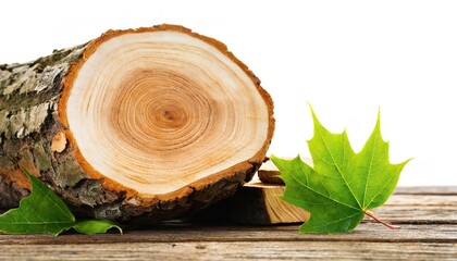 Obraz premium Acer is a genus of tree and shrubs commonly known as maples. Wood log, leaf or leaves showing inside growth rings, used for making planks for building homes or structures. Isolated on white background