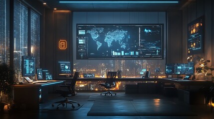 High-tech office workspace urban city digital environment night view