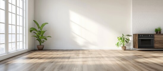 Cozy living room featuring elegant wood flooring and bright white walls showcasing a stylish wall unit with an electric stove on the right side