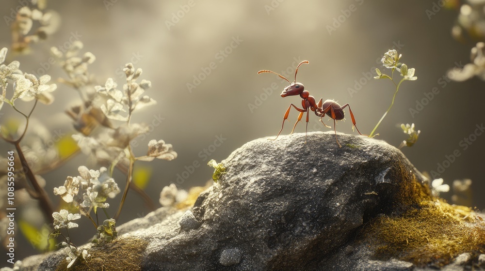 Poster red ant on a stone surrounded by delicate flowers in a soft-focused natural environment with gentle 