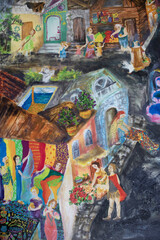 Pompeii streets with ash and pumice stone outside. People in fabric store, flower seller with Roman soldier, homemakers, shoppers at market. Before volcano eruption historical urban landscape.