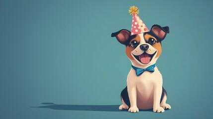 Cute Cartoon Dog in Party Hat with Happy Expression