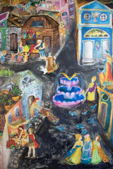 Pompeii streets with ash and pumice stone outside. People, girlfriends walking, flower seller with Roman soldier, homemakers at market. Before volcano eruption. Original oil canvas painting.