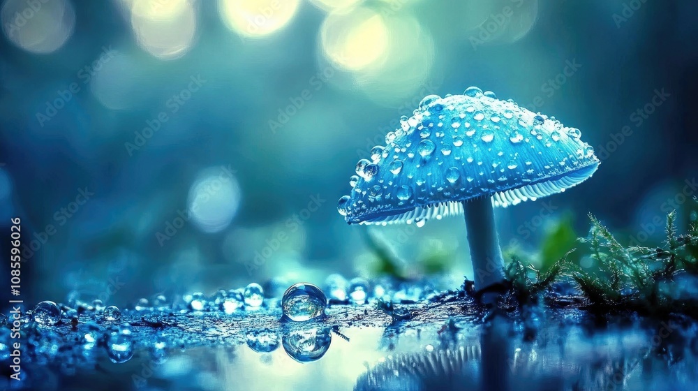 Poster close-up of a blue mushroom surrounded by dew drops on a soft mossy surface under gentle ambient lig