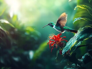 Naklejka premium Vibrant Hummingbird Feeding on Bright Red Flower Surrounded by Lush Greenery