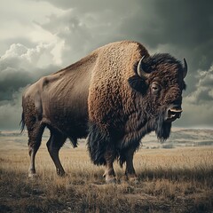 Mighty Bison Stands Tall Amidst Gathering Storm Clouds on Wide Open Plains