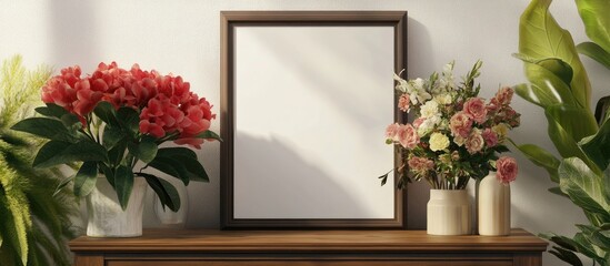 Cozy and stylish living room interior featuring a mock up poster frame wooden console and vibrant flowers showcasing modern home decor elements