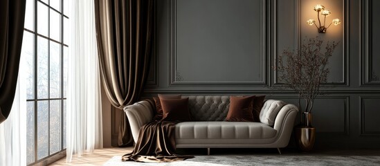 Cozy room layout featuring a stylish sofa and elegant window treatments perfect for interior design inspiration