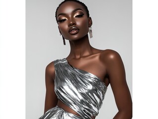 Woman in metallic silver dress with sleek makeup.