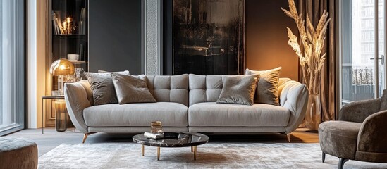 Cozy living room interior featuring a soft grey sofa stylish armchair and warm glowing lamps for inviting ambiance