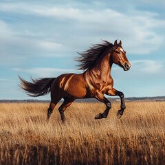 Obraz premium Majestic Stallion Galloping Through Windswept Open Field Under Vast Blue Sky