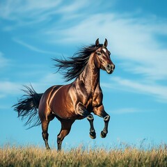 Obraz premium Magnificent Stallion Galloping Through Open Field with Flowing Mane and Tail