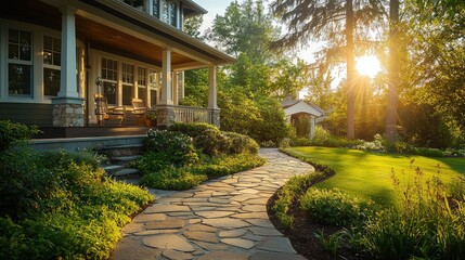 Obraz premium Charming Stone Pathway Leading to a Craftsman Home