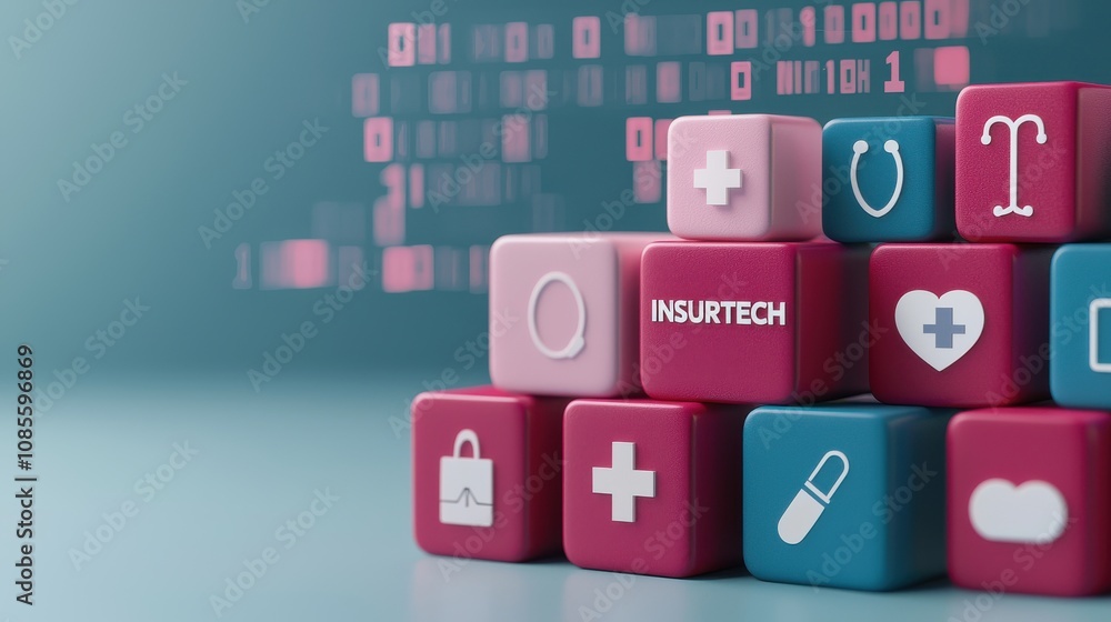 Poster a modern composition of colorful blocks featuring health-related icons, symbolizing the intersection