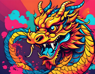 colorful Chinese Dragon with cool isolated pop art style background