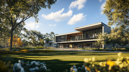 Obraz premium Australian Style Contemporary Residence Under a Clear Blue Sky, Featuring Modern Design and Spacious Layout