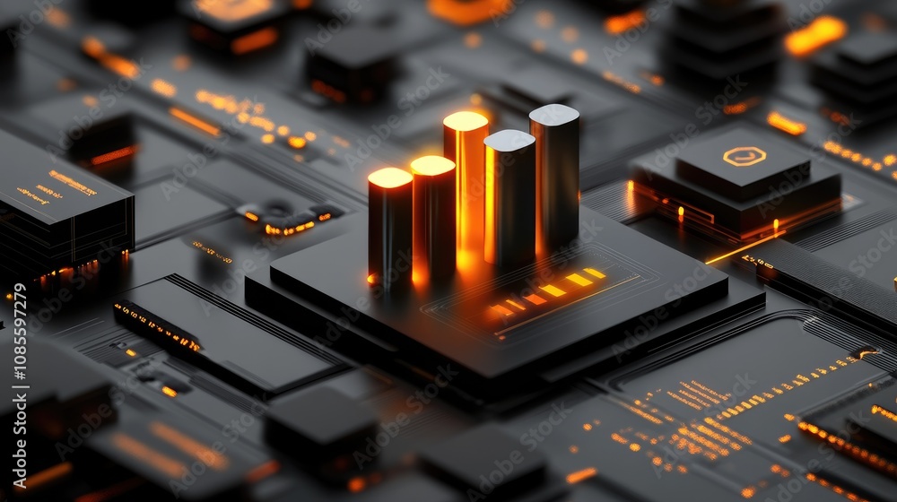  abstract digital landscape with glowing bar graphs and circuit patterns representing data analysis a