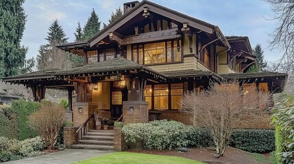 Obraz premium Exquisite Craftsman Home with Exposed Rafters