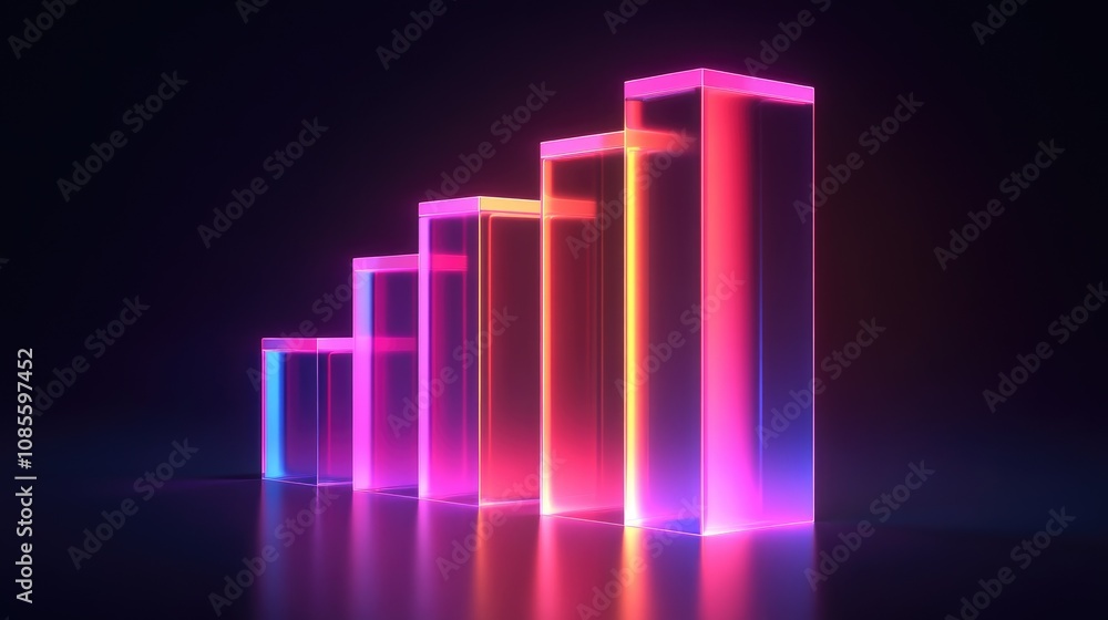 Poster vibrant neon bars representing growth and ascending progress in a digital landscape with soft reflec