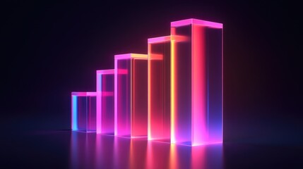 Vibrant Neon Bars Representing Growth and Ascending Progress in a Digital Landscape with Soft Reflections and a Futuristic Aesthetic