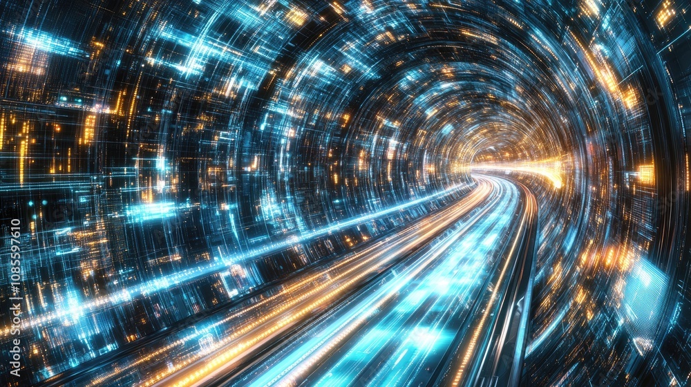 Poster futuristic tunnel of light with dynamic particles and vibrant colors, evoking motion and technology,
