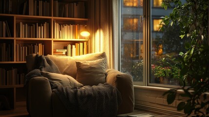 Fototapeta premium Cozy Reading Nook with a Comfortable Chair by the Window
