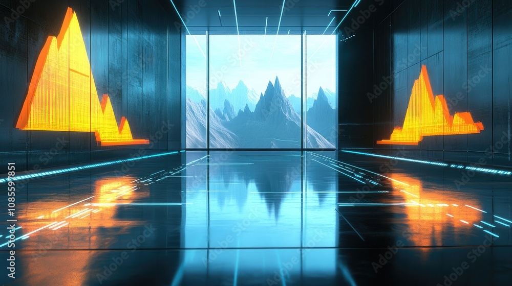 Poster Futuristic Data Visualization Room with Geometric Patterns and Mountain View, Emphasizing Technology and Modern Architecture in a Bright Environment