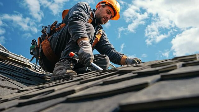 A Male roof installer wearing a hard hat is working on the roof.
