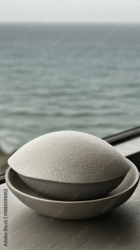 Poster a minimalist bowl set resting on a table with a serene ocean view in the background.