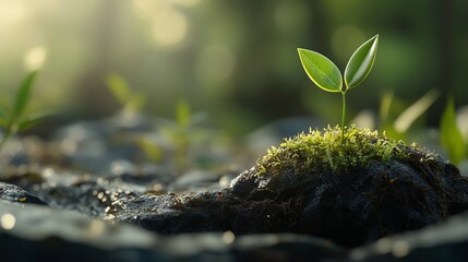 A young green seedling emerging from the ground in the sunlight. copy space background. greenery concept. 
