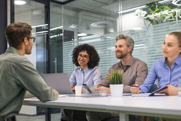 Job interview process is in office. Human resources, meeting and group of hiring candidates for...