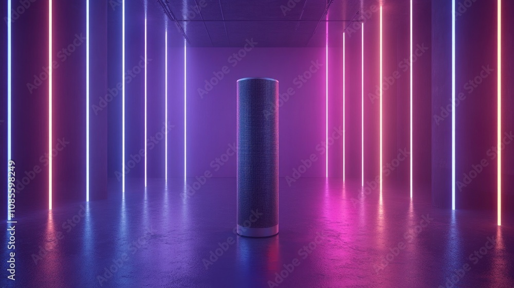 Poster futuristic digital cylinder in neon-lit space surrounded by vibrant vertical lights creating an abst