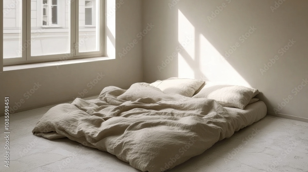 Aufkleber cozy and minimalistic bedroom setting with soft bedding surrounded by natural light streaming throug