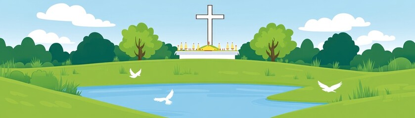 Obraz premium A serene landscape featuring a cross, greenery, a pond, and doves, symbolizing peace.